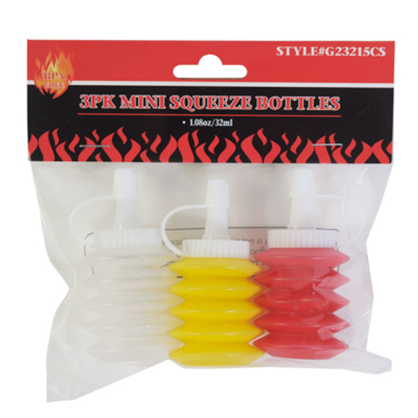 MINI SQUEEZE CONDIMENT BOTTLES 3PC 1.08OZ RED/ YELLOW/CLEAR W/BONUS MDSG STRIPS INCL