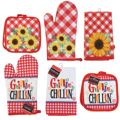 BBQ PRINT TEXTILE ASST POTHOLDER 2PK/DISH TOWEL/12IN OVEN MITT/ 2 PRINTS HT/ JHOOK