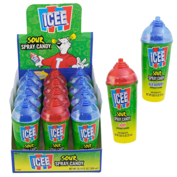 ICEE SOUR CANDY SPRAY .85 OZ CHERRY + BLUE RASPBERRY 12PC COUNTER DISPLAY