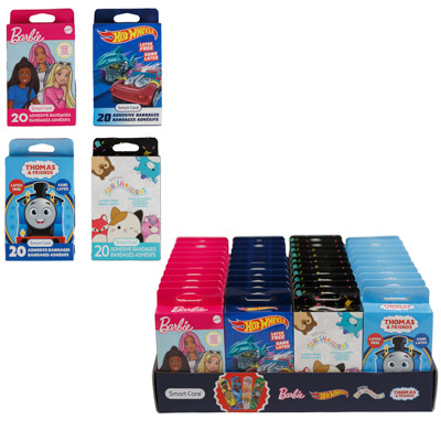 BANDAGES KIDS LICENSED 20CT 40PC PDQ DISPLAY - 4 ASSORTED BARBIE/SQUISHMALLOWS/HOT WHEELS/THOMAS
