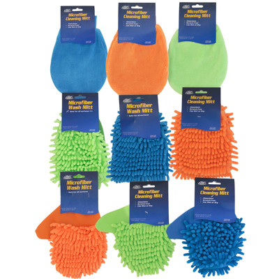 CAR WASH MITTS 3 ASST STYLES EA IN 3 COLORS AUTO HEADER
