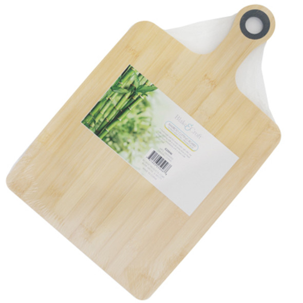BAMBOO CUTTING BOARD 15IN W/HANDLE X 9.5IN W B&C SHRINK W/LABEL