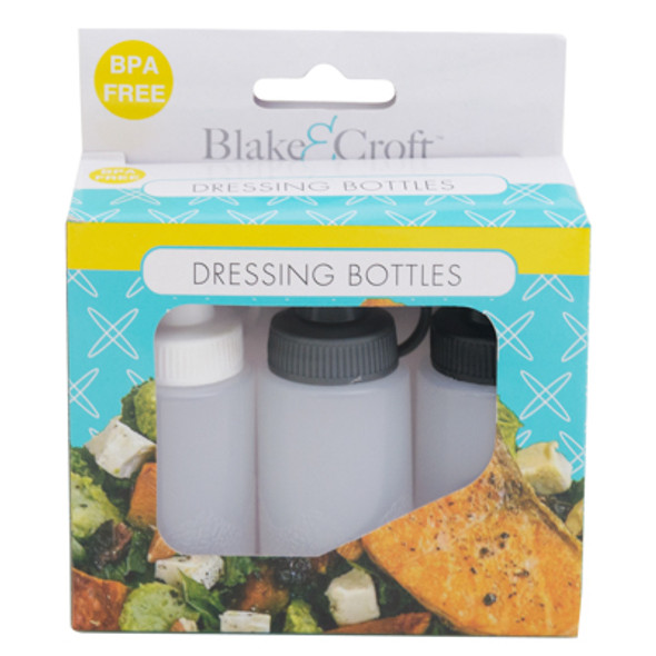 SALAD DRESSING BOTTLES 3PK 1.05 OZ EA W/ NOZZLE & CAP LIDS COLOR BOX MDS STRIPS INCL