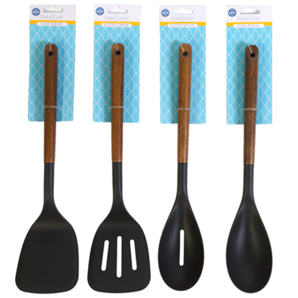 KITCHEN TOOL ASST NYLON W/ OAK HANDLE 4 STYLES SOLID & SLOTTED SPOON & TURNER B&C TCD