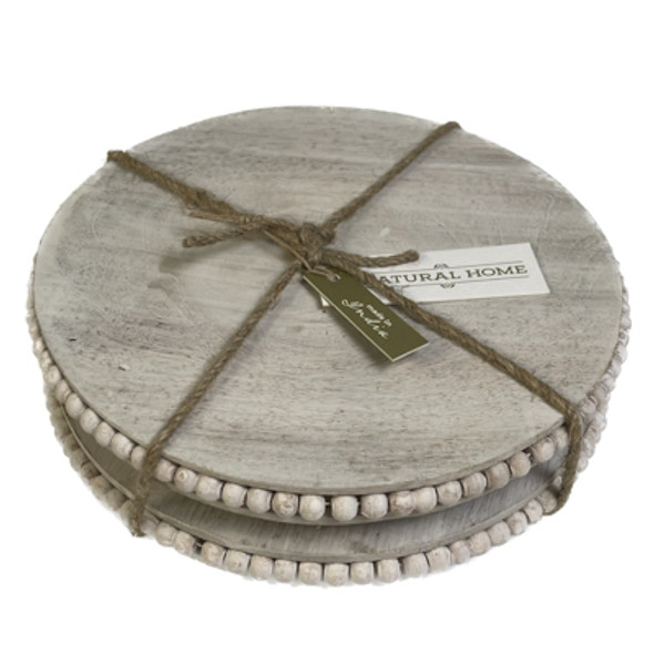 TRIVETS 2PC SET ROUND BEAD WHITE WOOD NATURAL HOME