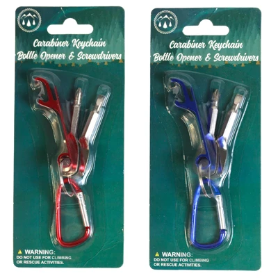 CARABINER KEYCHAIN W/ BOTTLE OPENER FLAT HEAD & PHILLIPS MINI SCREWDRIVERS ON 12PC DISP STRIP
