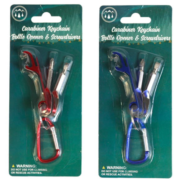 CARABINER KEYCHAIN W/ BOTTLE OPENER FLAT HEAD & PHILLIPS MINI SCREWDRIVERS ON 12PC DISP STRIP