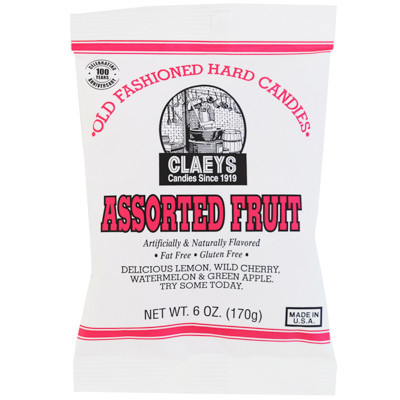 CLAEYS OLD FASHIONED HARD CANDIES ASSORTED FRUIT 6 OZ PEG BAG