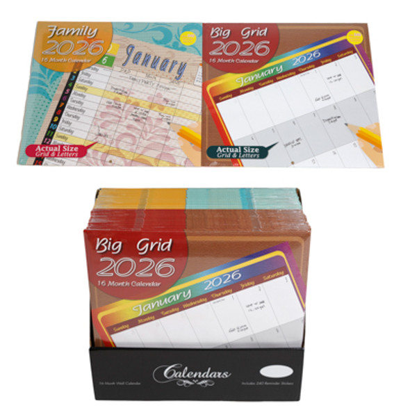 CALENDAR WALL 16 MONTH 2 ASST - 2026 FAMILY PLAN/ BIG GRID 36PC PDQ