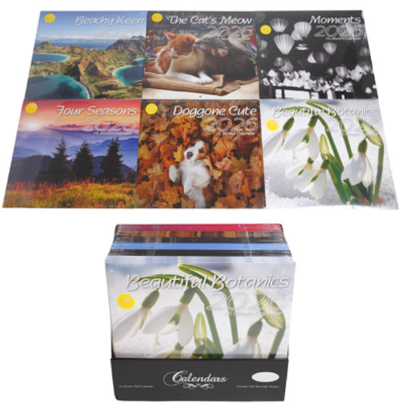 CALENDAR WALL 16 MONTHLY 2026 6 DESIGNS 11 X 12IN 36PC PDQ W/ BONUS STICKERS