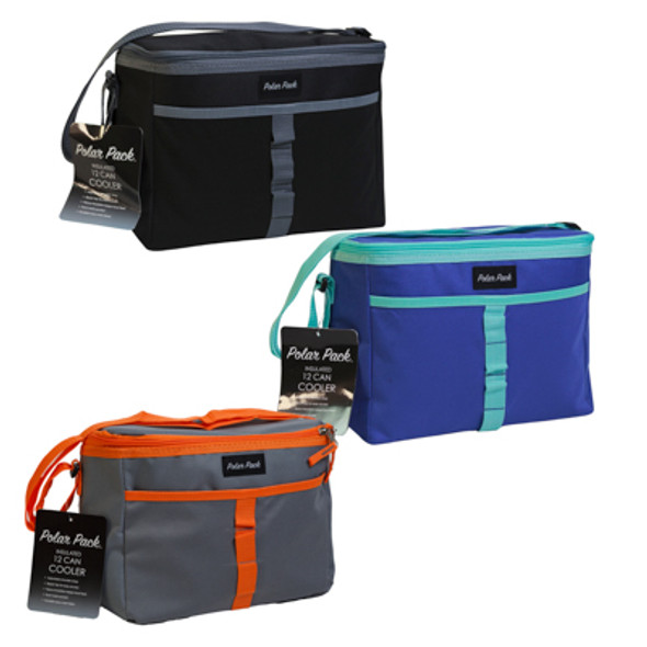 COOLER 12CAN INSULATED 3ASSORTED BLACK, CHARCOAL, ROYAL BLUE