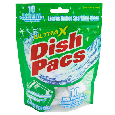 DISHWASHER DETERGENT 10CT AUTO DISH PACKS ULTRA X PEGGABLE RESEALABLE BAG