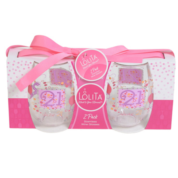 WINE STEMLESS 15OZ 2PC SET 21ST BIRTHDAY LOLITA  GIFT TAG/BOX WINE STEMLESS 15OZ 2PC SET 21ST BIRTHDAY LOLITA  GIFT TAG/BOX
