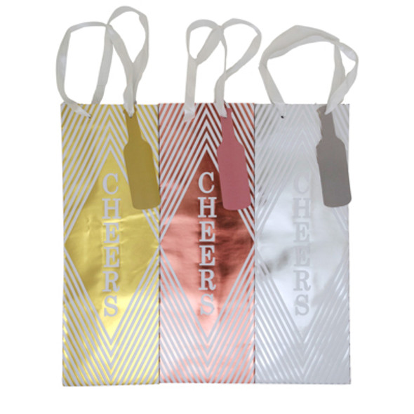 BOTTLE BAG CHEERS HOTSTAMP PAPER 4 ASST W/ DIECUT BOTTLE GIFT TAG
