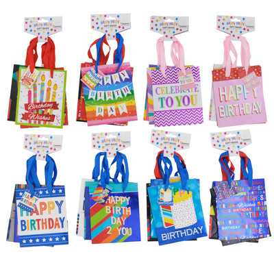 GIFT BAG BIRTHDAY HOTSTAMP 3PK SMALL ASST PRINTS 4.5 X 5.5 X 2.625 BARBELL HDR STKLT
