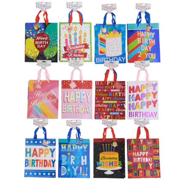 GIFT BAG BIRTHDAY 2PK MEDIUM W/HOT STAMP ASST PRINTS 8 X 10 X 4.5IN