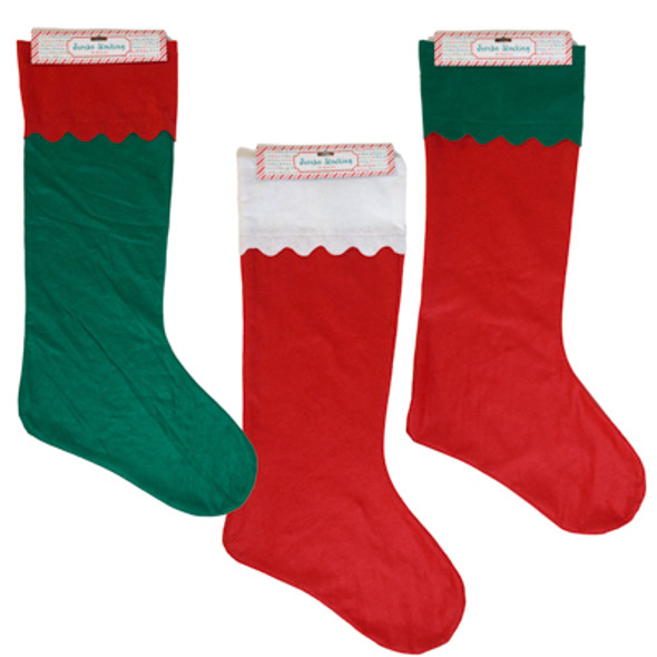 STOCKING JUMBO 38IN FELT 3 ASST RED & GREEN W/ SCALLOPED CUFF XMAS HDR