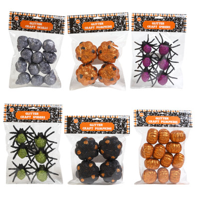GLITTER HLWN DECOR MINI FOAM 6CT SPIDER/ 4CT MINI PUMPKIN/ 12CT SKULL & PUMPKINS 6 ASST HLWN PBH