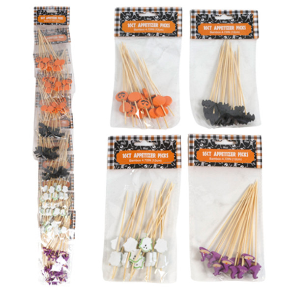 APPETIZER PICKS HALLOWEEN 16CT BAMBOO 4.72IN 4 ASST ICONS HLWN PBH/ PRELOADED MDSG STRIP