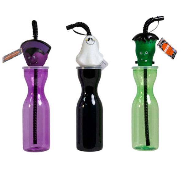 SIPPER BOTTLE W/ STRAW & 3-D CHARACTER 11IN 3 AST GHOST/ VAMPIRE/ FRANK HANGTAG