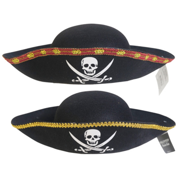 PIRATE HAT FELT TRI-CORNER SKULL PRINT GOLD/ RED TRIM 13 X 10IN