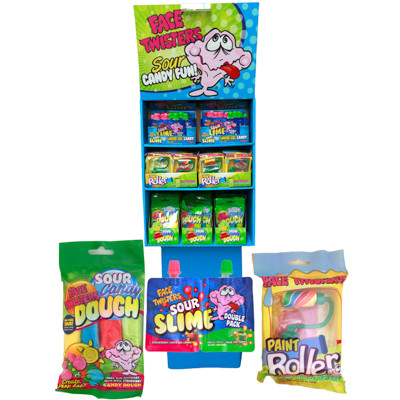 NOVELTY FLOOR SHIPPER 36 SOUR CANDY DOUGH 36 SOUR SLIME DOUBLE PACK 24 PAINT ROLLER CANDY
