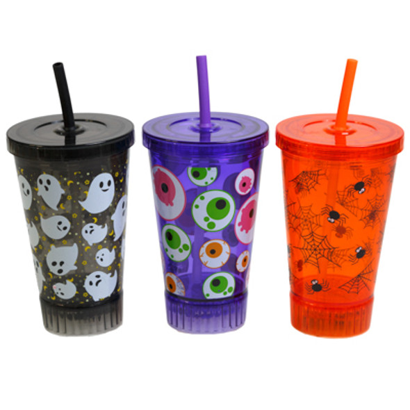 TUMBLER LIGHT UP W/STRAW 3ASST HALLOWEEN PRINTS 18FL OZ / 10IN H/ LABEL TUMBLER LIGHT UP W/STRAW 3ASST HALLOWEEN PRINTS 18FL OZ / 10IN H/ LABEL