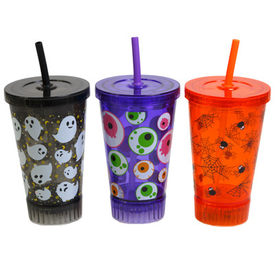 TUMBLER LIGHT UP W/STRAW 3ASST HALLOWEEN PRINTS 18FL OZ /  10IN H/ LABEL