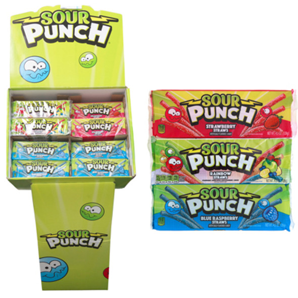 SOUR PUNCH STRAWS 96CT SHIPPER 4.5 OZ 24 EA RAINBOW AND STRAWBERRY 48 EA BLUE RASPBERRY