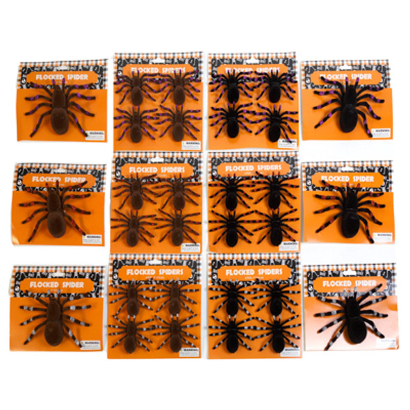 SPIDER FLOCKED SINGLE 4" OR 4PK - 3" BROWN/ BLK W/ GLITTER TRIM ASST SPIDER FLOCKED SINGLE 4" OR 4PK - 3" BROWN/ BLK W/ GLITTER TRIM ASST