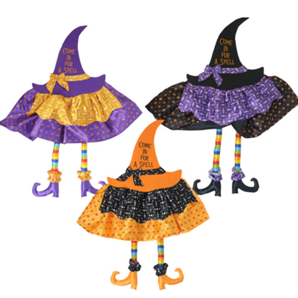 WITCH HANGING DECOR COME IN FOR A SPELL  3 AST SATINY FABRIC 32IN W/ STRIPED LEGS HLWN/ HT