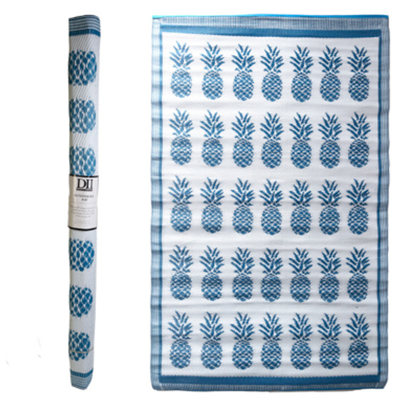 OUTDOOR RUG 4X6 PINEAPPLE MOTIF BLUE WOVEN POLYPROPYLENE REVERSIBLE