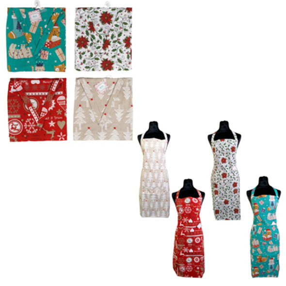 APRON CHRISTMAS PRINT 4 ASST ADULT SIZE HT/JHOOK