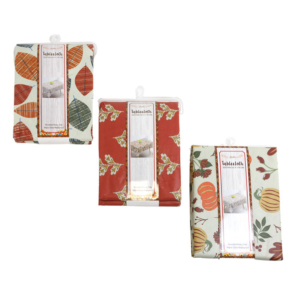 TABLECOVER HARVEST PEVA FLANNELBACK 85GSM / 52X70IN 3 ASST SLEEVECARD/HANGER
