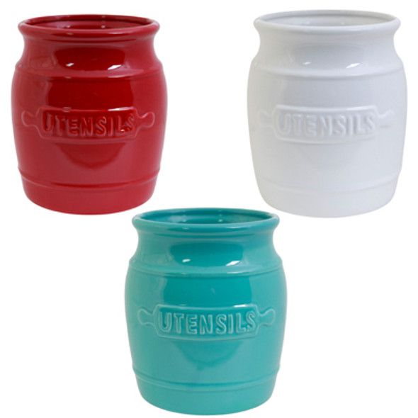 UTENSIL CROCK 3AST 7IN BARREL AQUA/WHITE/RED