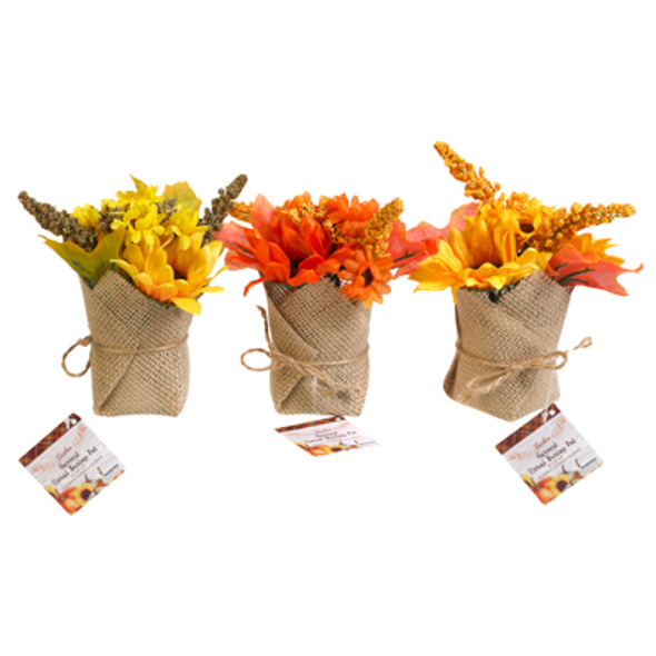 FLORAL HARVEST DECOR IN BURLAP WRAPPED POT 6IN 3 AST HARVEST / HT