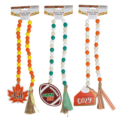 GARLAND HARVEST WOOD BEAD 3 ASST W/ TASSEL MDF COMPLY/HEADER