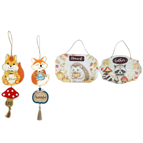 HANGING DECOR HARVEST MDF 4ASST FOX/ SQUIRREL/ HEDGEHOG/ RACOON COMPLY LABEL / HT