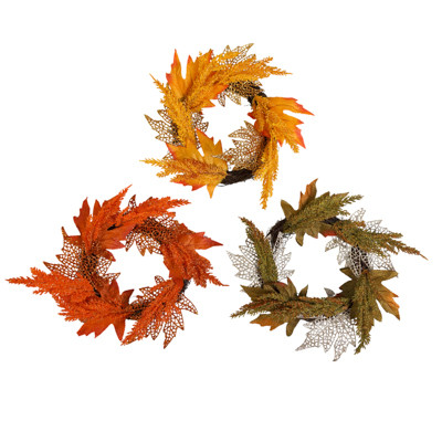 WREATH HARVEST 12IN W/ GLITTER MAPLE LEAVES 3 AST CLRS / HARV/ HT