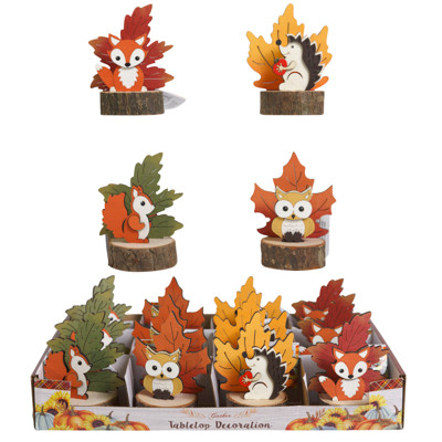 TABLE DECOR HARVEST WOOD ANIMAL ON LOG/LEAF BACK 4AST/ 4.5 X 3.5IN / 2X12PC PDQ/HARV HT
