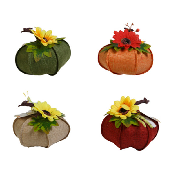 PUMPKIN W/ FLORAL DECOR BURLAP 4 AST CLRS HARV/ HT/ 4 X 2.25IN PUMPKIN W/ FLORAL DECOR BURLAP 4 AST CLRS HARV/ HT/ 4 X 2.25IN