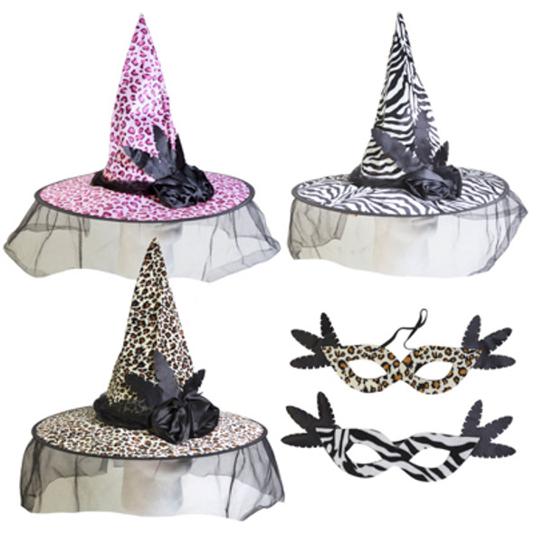 WITCH HAT ADULT 17IN ANIMAL PRINT W/ MATCHING EYE MASK 3ASST PRINTS / HEADER CARD WITCH HAT ADULT 17IN ANIMAL PRINT W/ MATCHING EYE MASK 3ASST PRINTS / HEADER CARD