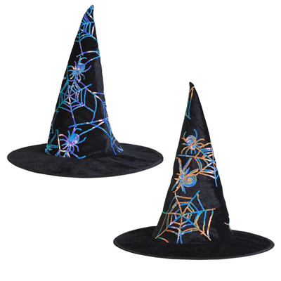 WITCH HAT VELVET W/ SEQUIN SPIDER WEBS ADULT SIZE / JHOOK W/ HT