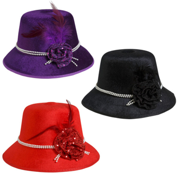 HAT FLAPPER VELVET COSTUME ADULT SIZE 3AST COLOR W/ SEQUIN ROSE & FAUX PEARL DECOR HAT FLAPPER VELVET COSTUME ADULT SIZE 3AST COLOR W/ SEQUIN ROSE & FAUX PEARL DECOR