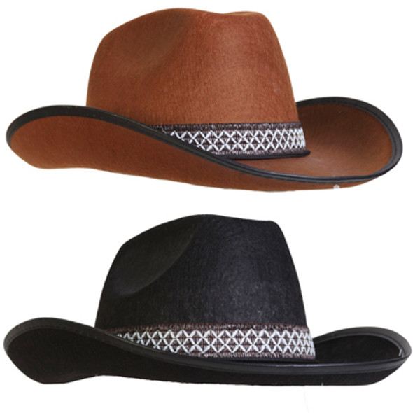 COWBOY HAT BLACK OR BROWN WESTERN STYLE W/ BLK/ WHITE HATBAND & BLACK TRIMMED BRIM HT/JHOOK