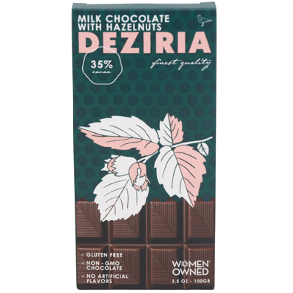MILK CHOCOLATE W/HAZELNUTS CANDY BAR BY DEZIRIA 3.5 OZ BAR IN 10 PC COUNTER DISPLAY BB 08/14/25 - GLUTEN FREE - NO ARTIFICIAL FLAVORS MILK CHOCOLATE W/HAZELNUTS CANDY BAR BY DEZIRIA 3.5 OZ BAR IN 10 PC COUNTER DISPLAY BB 08/14/25 - GLUTEN FREE - NO ARTIFICIAL FLAVORS
