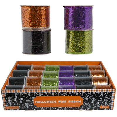 RIBBON WIRE HALLOWEEN SEQUIN GLITTER 2.5IN X 3YRDS SOLID CLRS 24PC PDQ