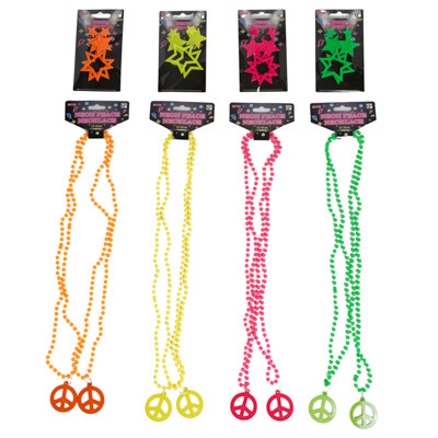 JEWELRY NEON COSTUME ACCESSORIES 2PK 32IN BEADED PEACE SIGN NECKLACE/ STAR DROP EARRINGS PLST EA 4 COLORS