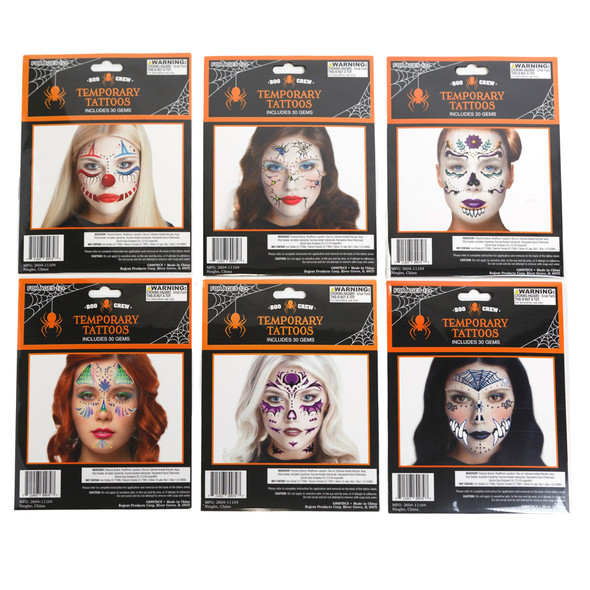 FACE ART METALLIC TEMPORARY TATTOO W/ 30PC GEMS 6 ASST 24PC PRELOADED MDSG STRIP/ PBSLV