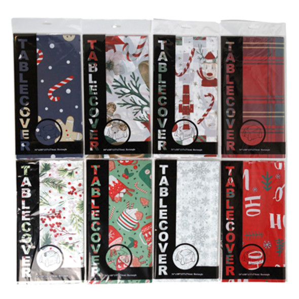 TABLECOVER CHRISTMAS 54 X 108 30GSM PE 8 ASST FULL PRINT PEGBL PRTD PB